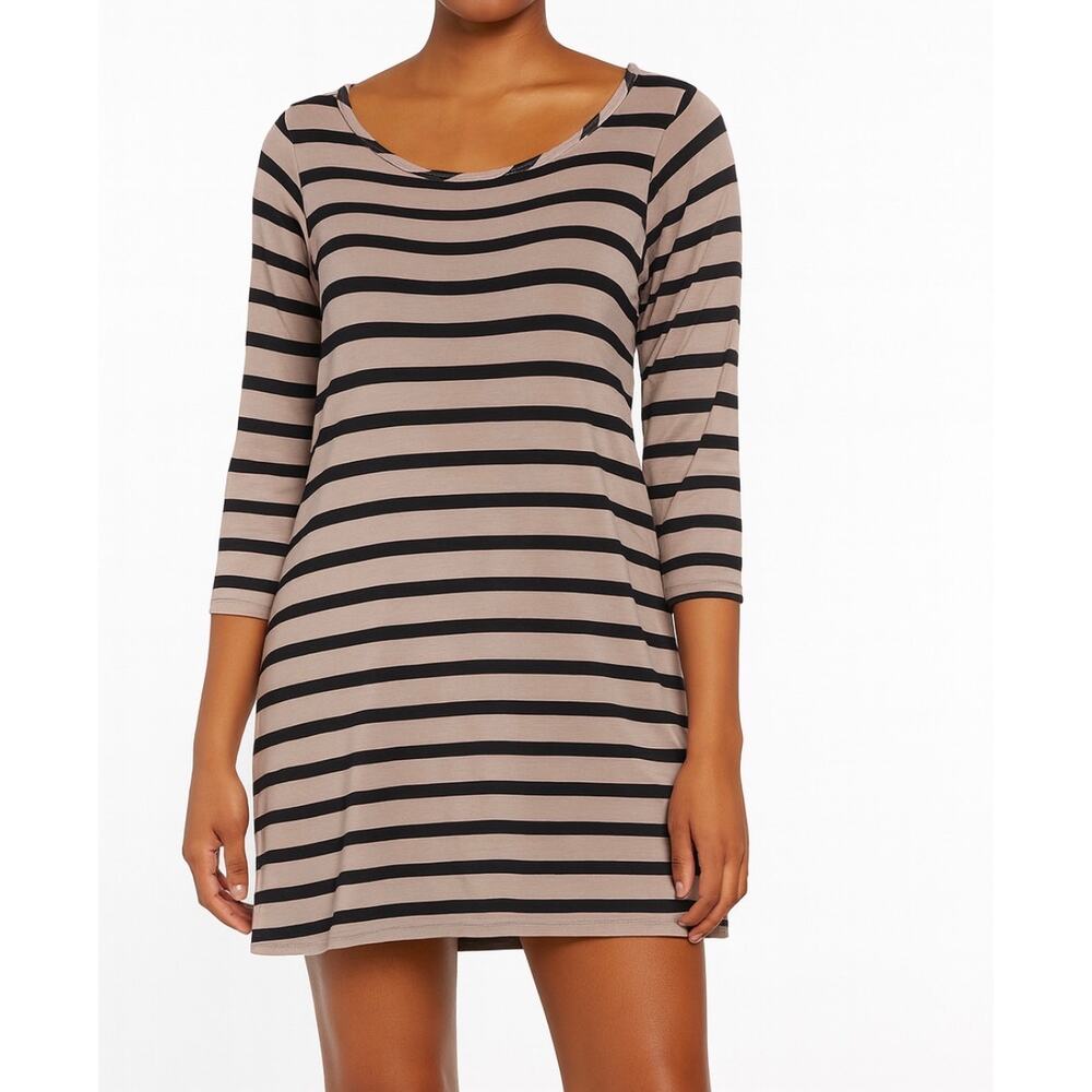 Yala T-Shirt Dress Womens M Beige Black Striped Bamboo Viscose Soft Comfort